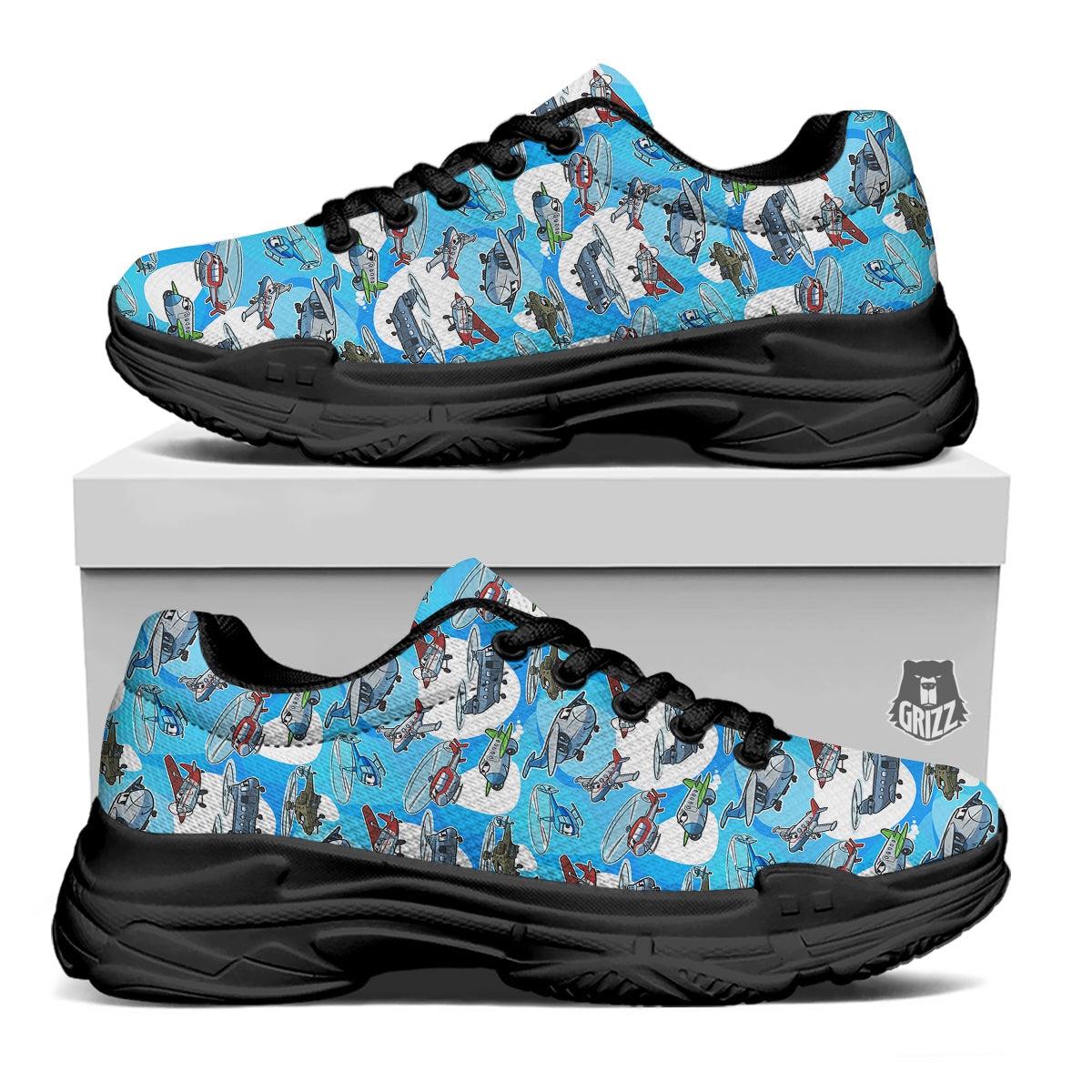 Airplanes And Helicopters Cartoon Print Pattern Black Chunky Shoes-grizzshop