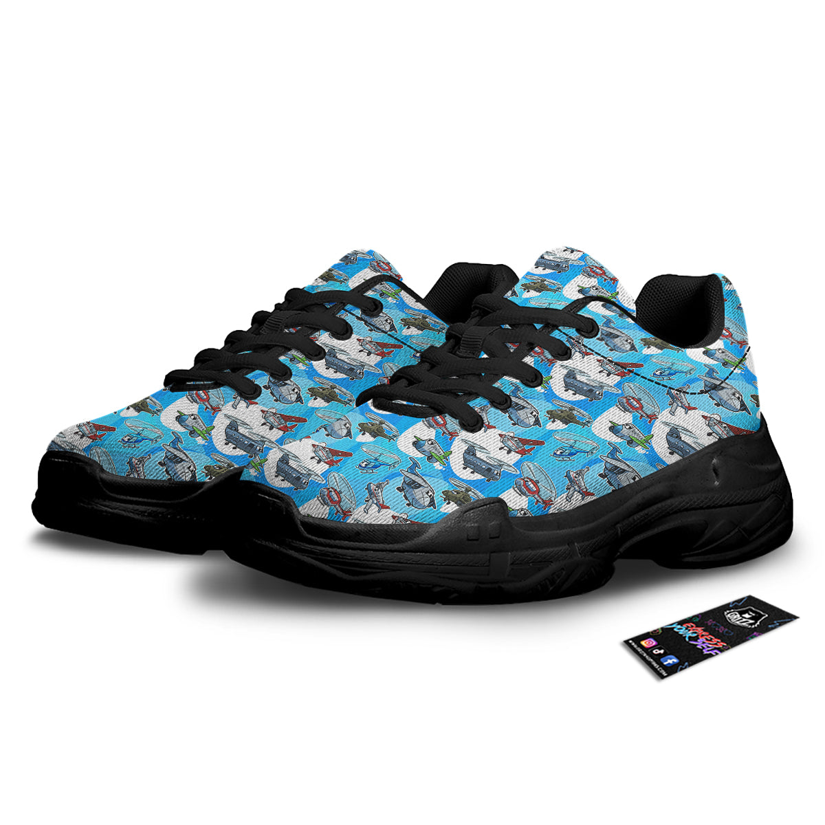 Airplanes And Helicopters Cartoon Print Pattern Black Chunky Shoes-grizzshop