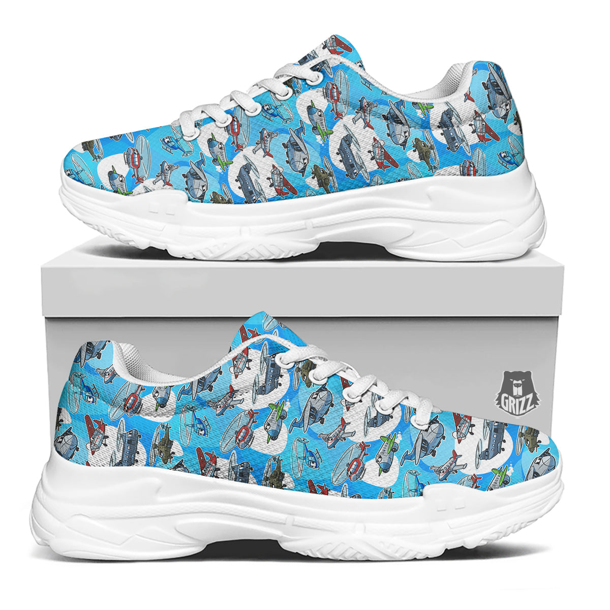 Airplanes And Helicopters Cartoon Print Pattern White Chunky Shoes-grizzshop