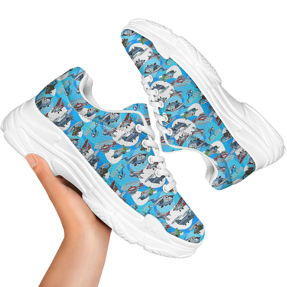 Airplanes And Helicopters Cartoon Print Pattern White Chunky Shoes-grizzshop