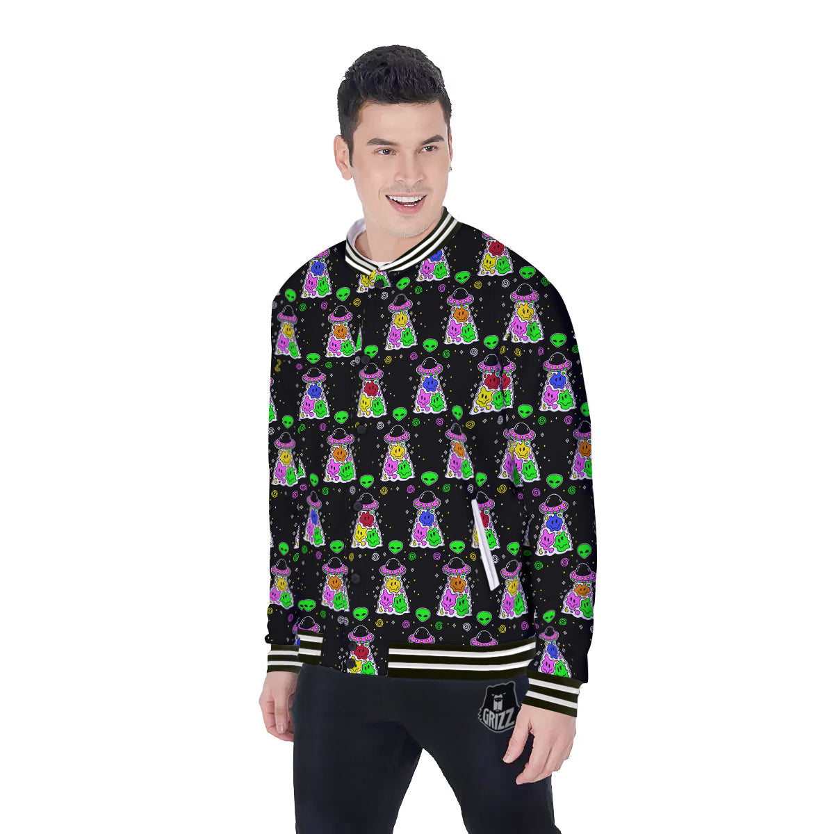 Alien And UFO Trippy Print Pattern Baseball Jacket-grizzshop