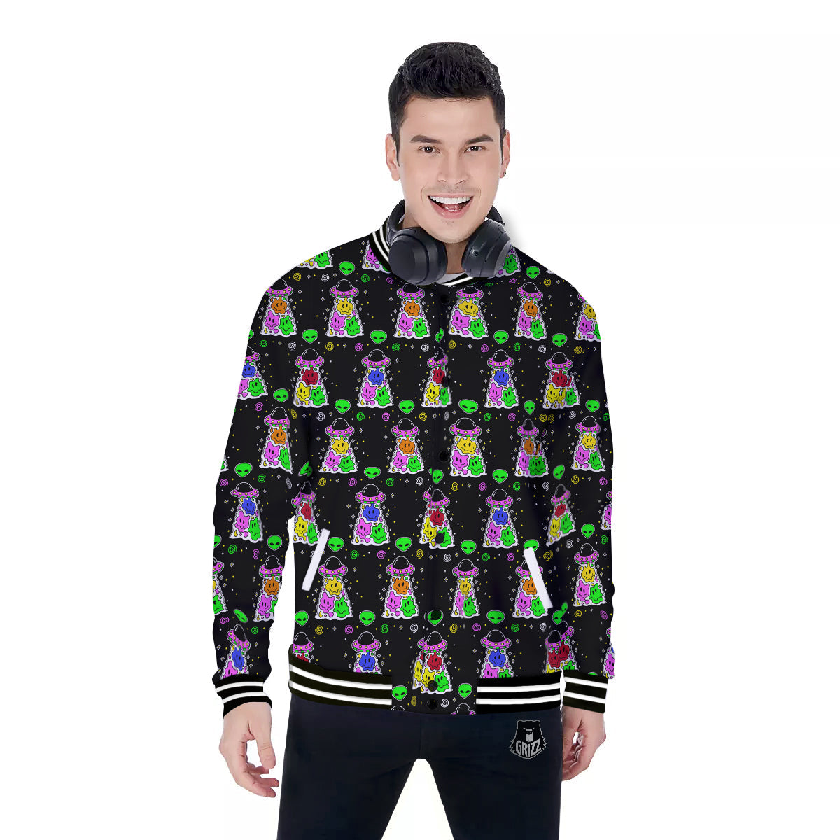 Alien And UFO Trippy Print Pattern Baseball Jacket-grizzshop