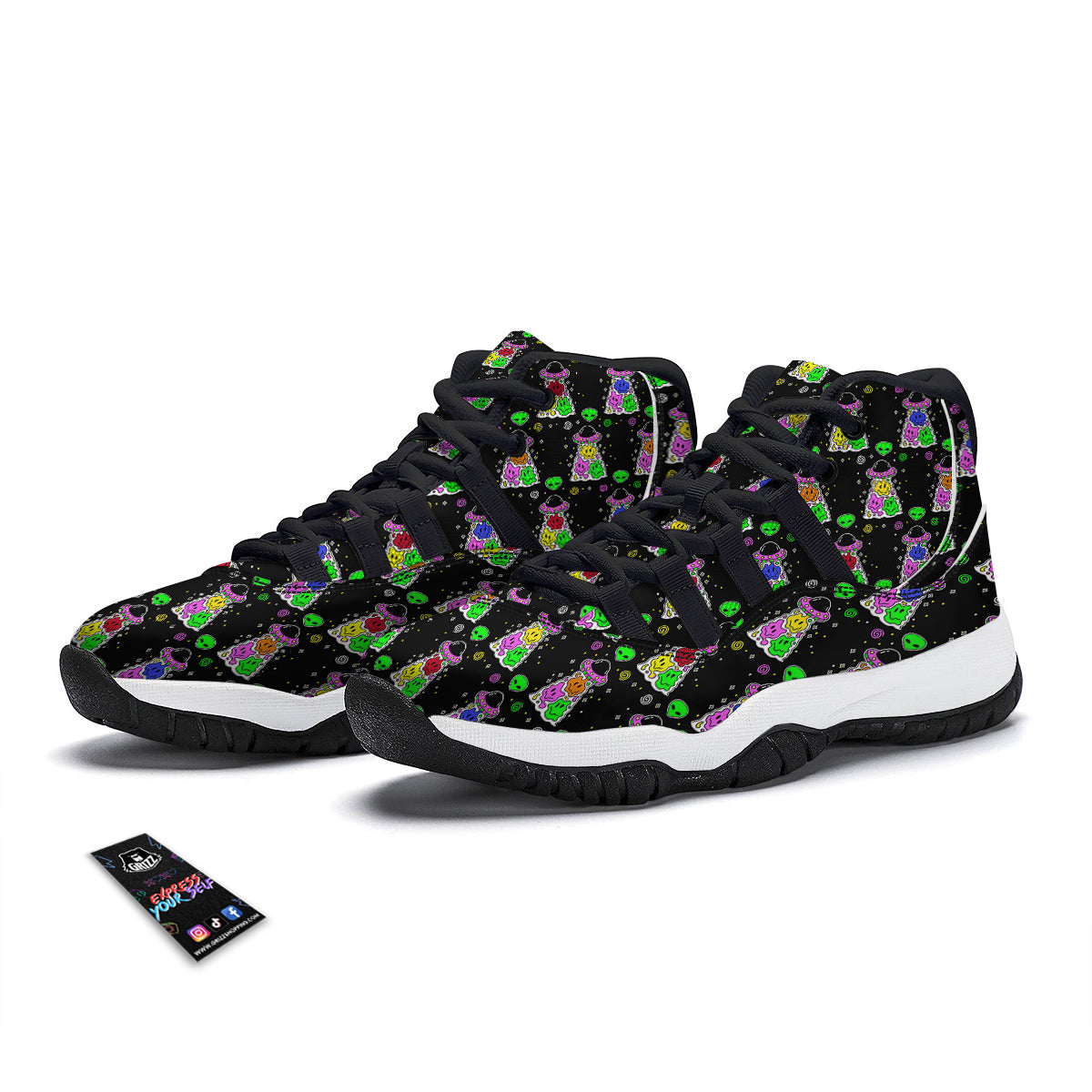 Alien And UFO Trippy Print Pattern Black Bball Shoes-grizzshop