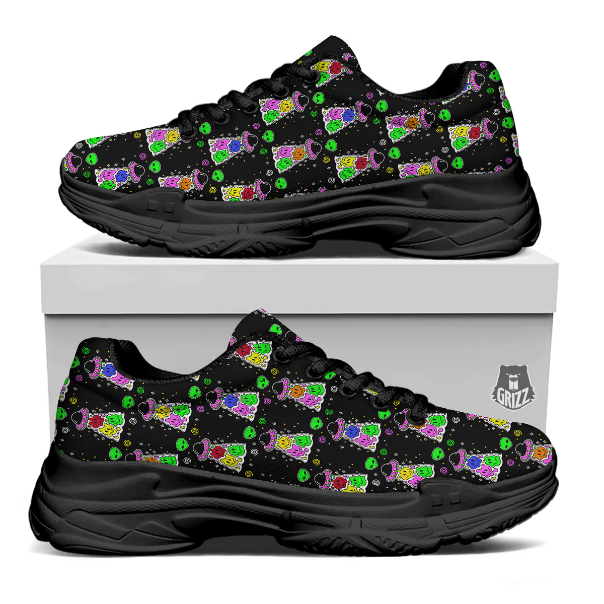 Alien And UFO Trippy Print Pattern Black Chunky Shoes-grizzshop