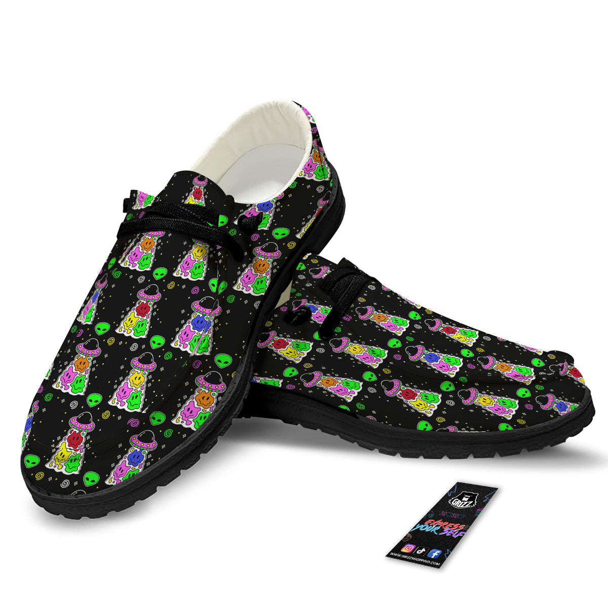 Alien And UFO Trippy Print Pattern Black Loafers-grizzshop
