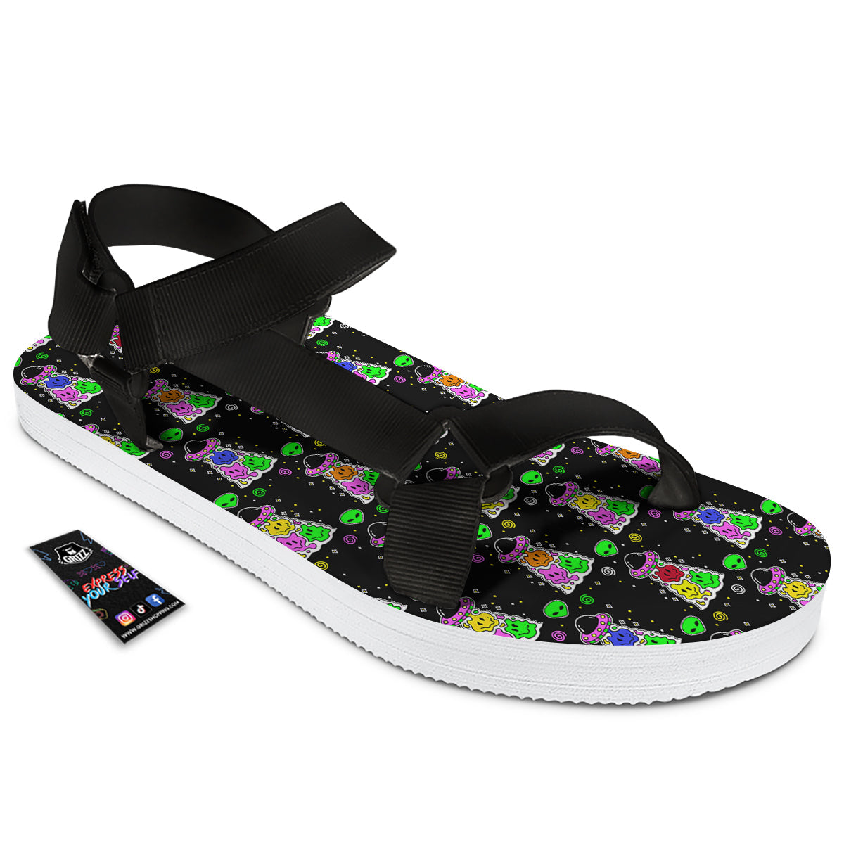 Alien And UFO Trippy Print Pattern Black Open Toe Sandals-grizzshop