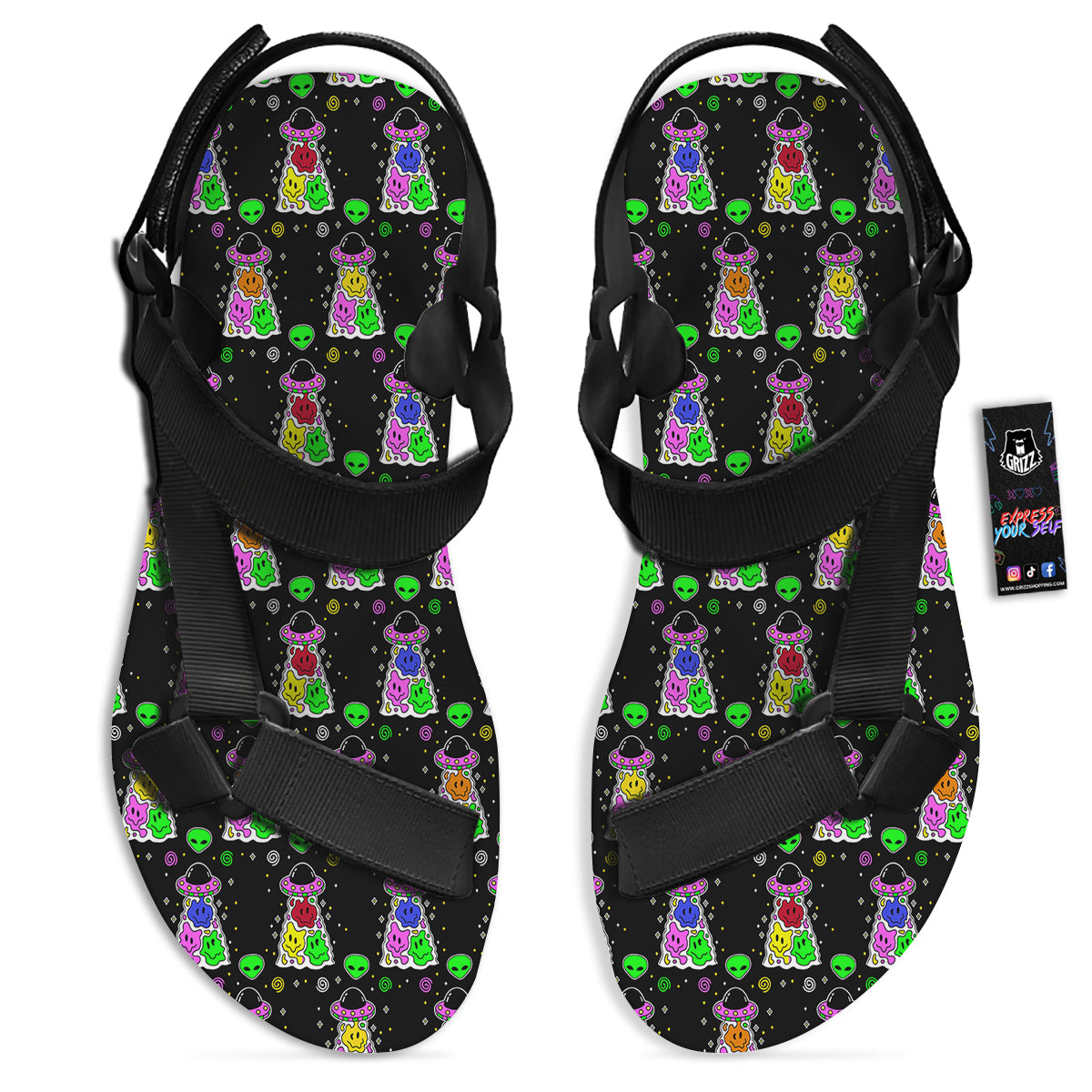 Alien And UFO Trippy Print Pattern Black Open Toe Sandals-grizzshop
