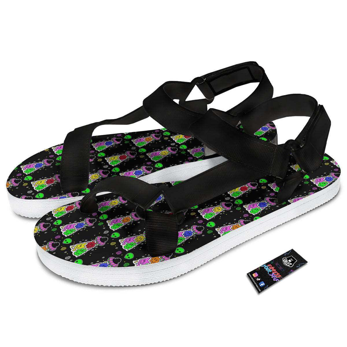 Alien And UFO Trippy Print Pattern Black Open Toe Sandals-grizzshop