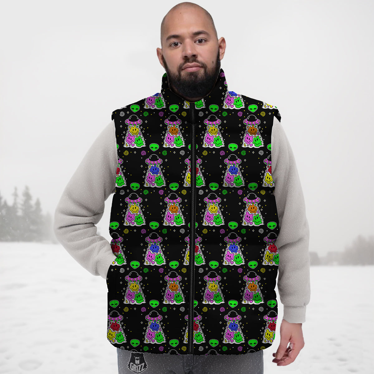 Alien And UFO Trippy Print Pattern Down Vest