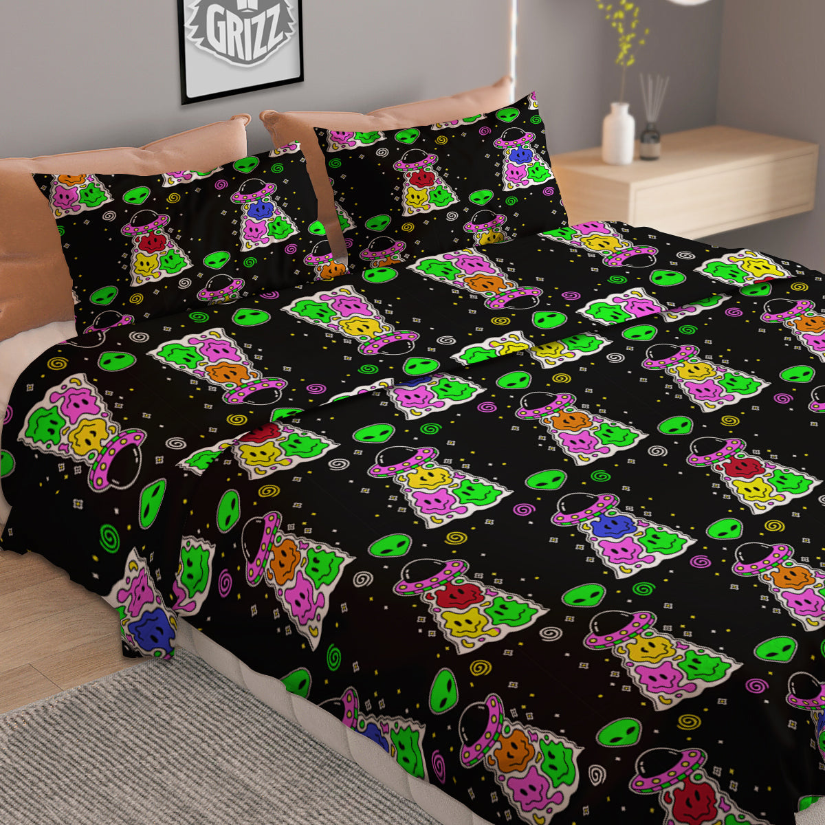 Alien And UFO Trippy Print Pattern Duvet Cover Bedding Set