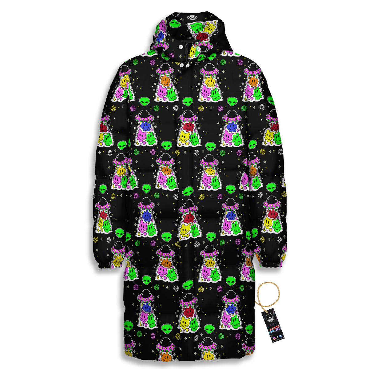 Alien And UFO Trippy Print Pattern Long Down Jacket-grizzshop