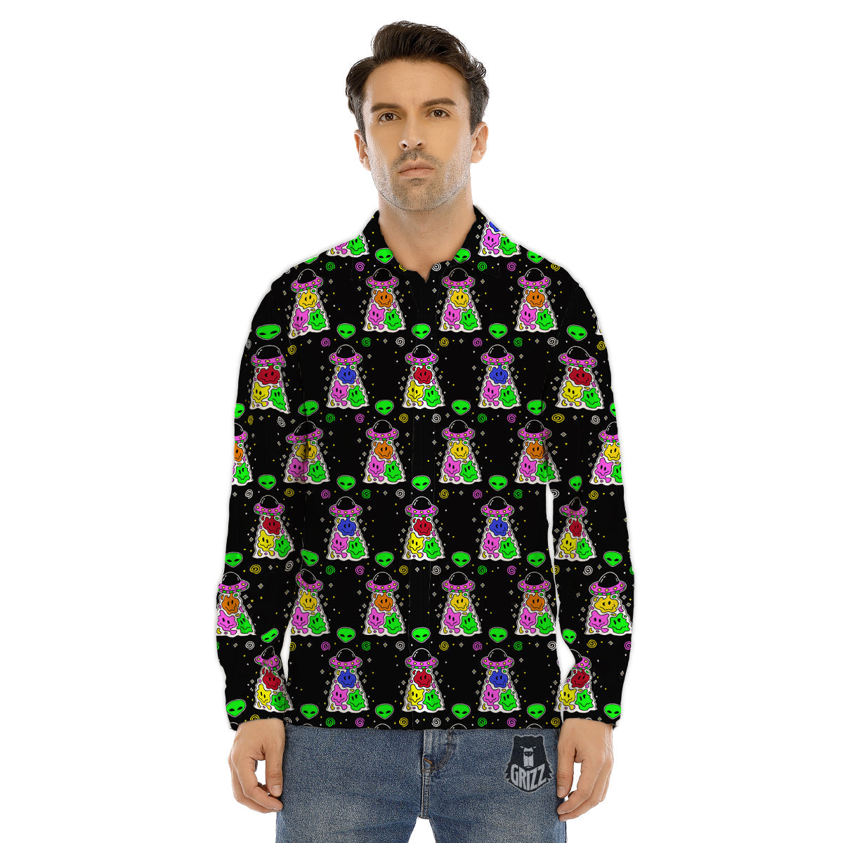 Alien And UFO Trippy Print Pattern Men's Dress Shirts-grizzshop