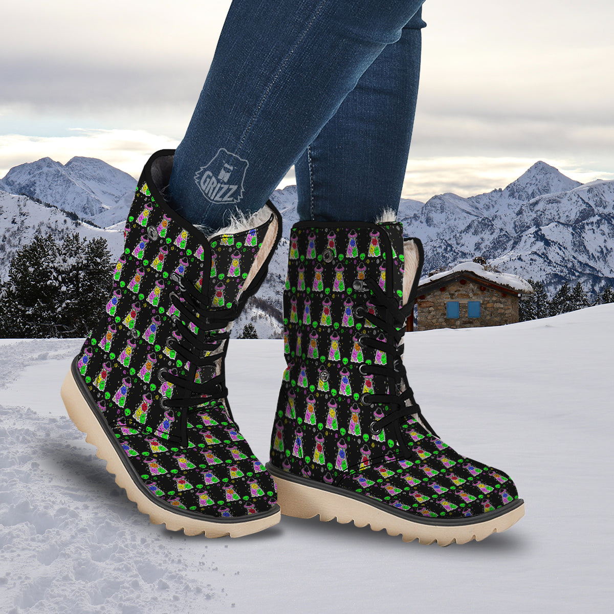 Alien And UFO Trippy Print Pattern Snow Boots-grizzshop