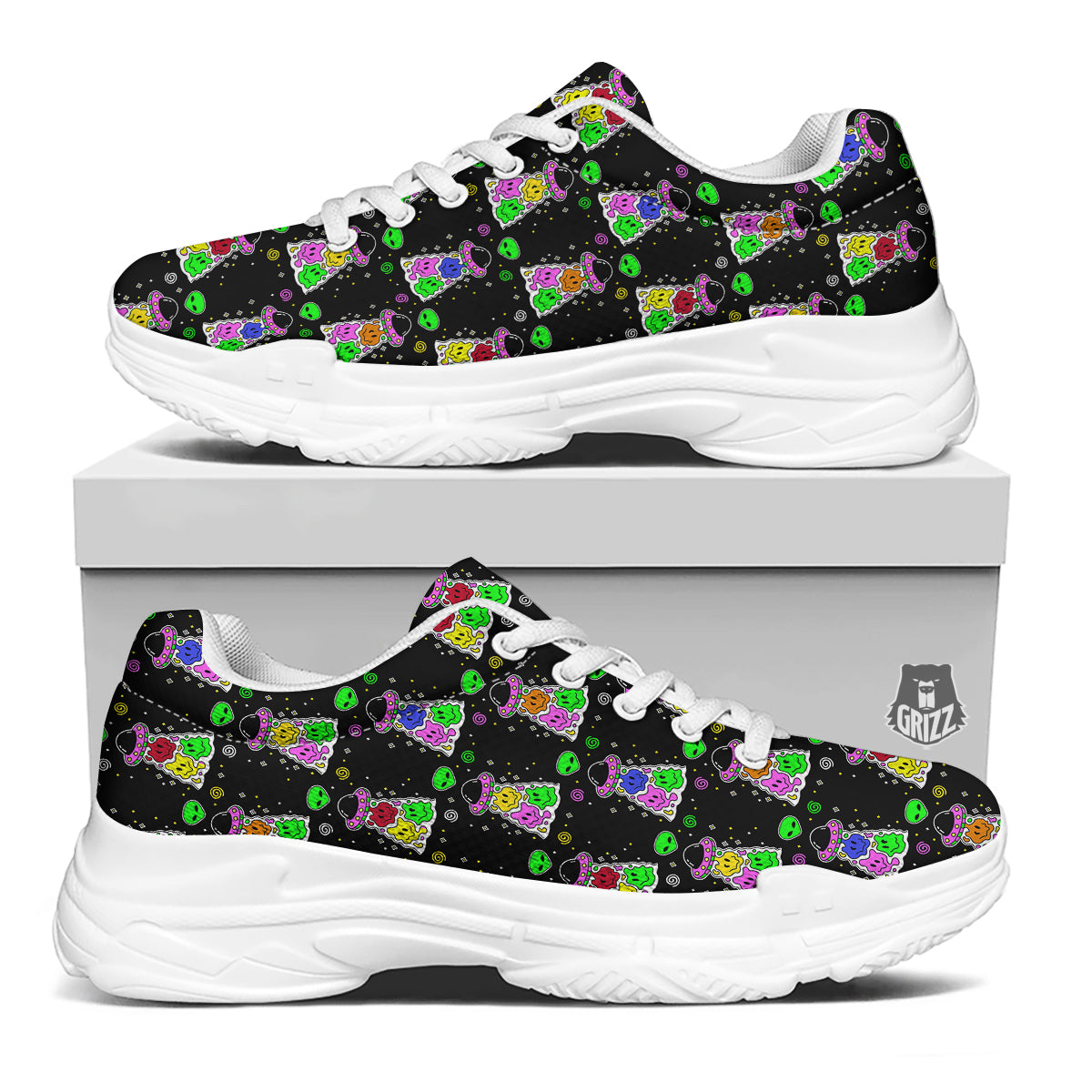 Alien And UFO Trippy Print Pattern White Chunky Shoes-grizzshop