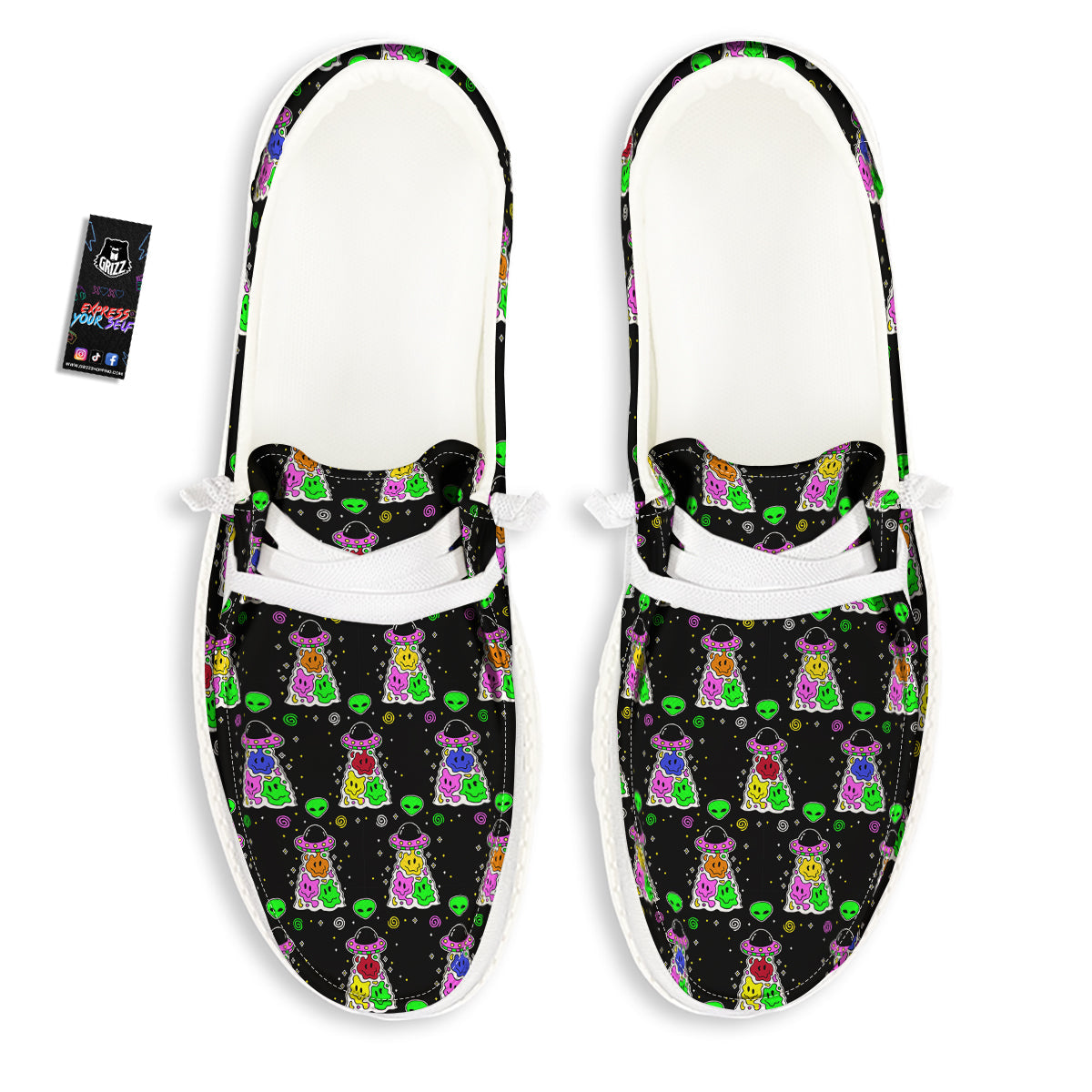 Alien And UFO Trippy Print Pattern White Loafers-grizzshop