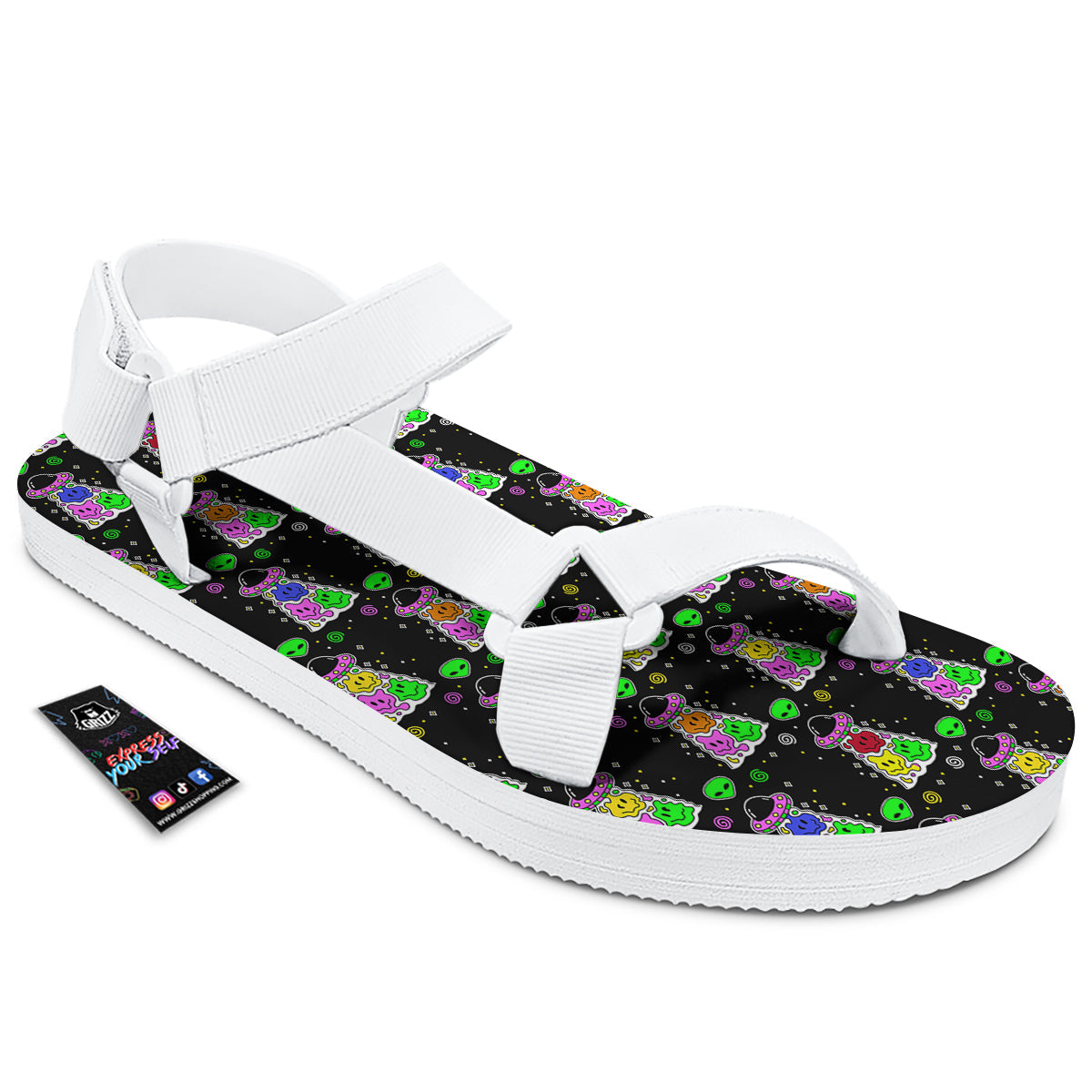 Alien And UFO Trippy Print Pattern White Open Toe Sandals-grizzshop