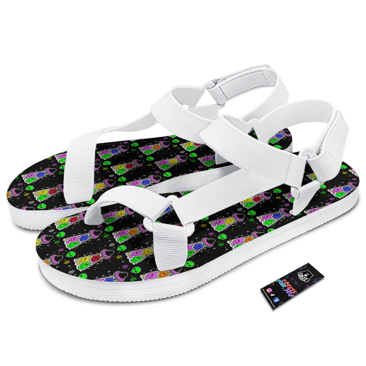 Alien And UFO Trippy Print Pattern White Open Toe Sandals-grizzshop
