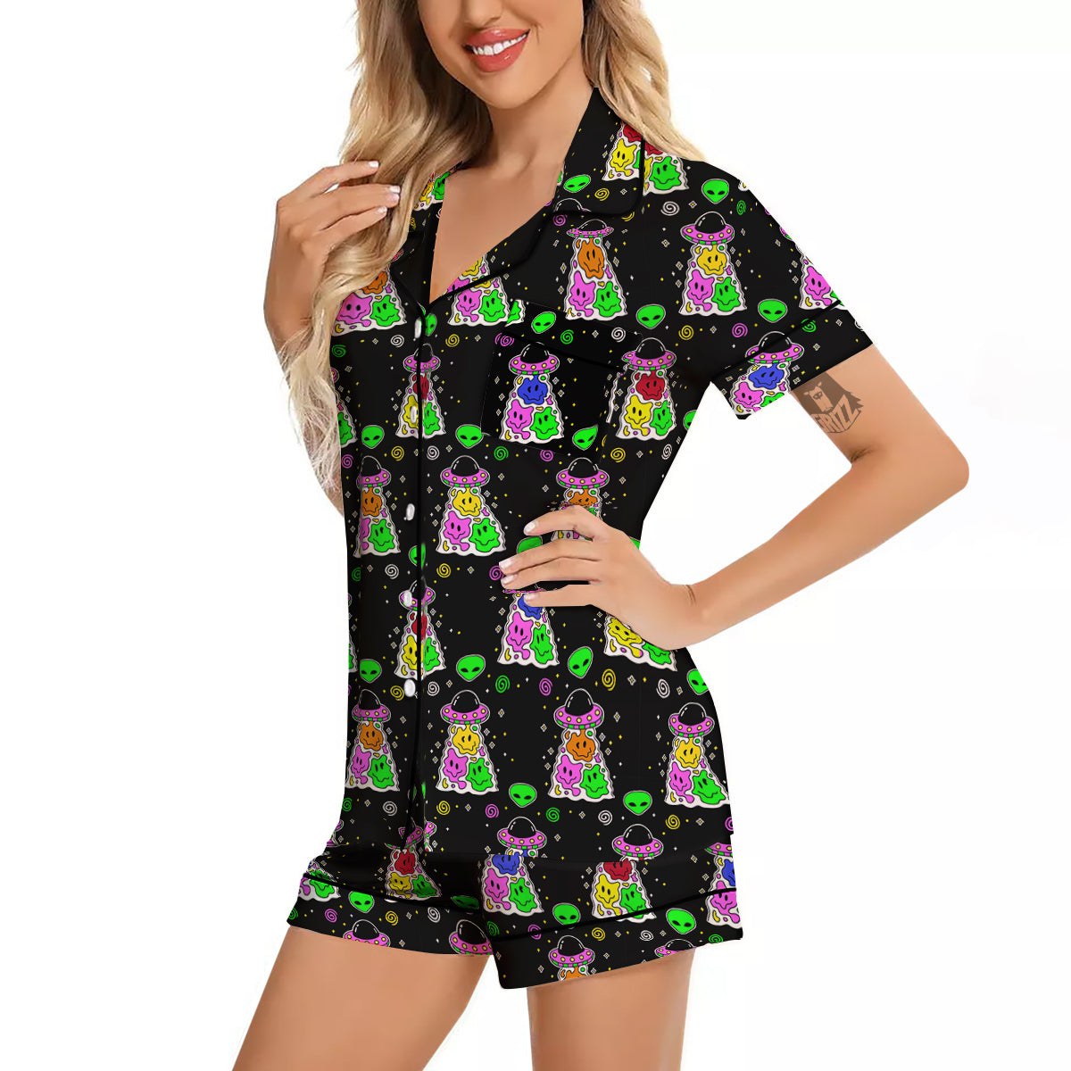 Alien And UFO Trippy Print Pattern Women Silk Pajamas-grizzshop