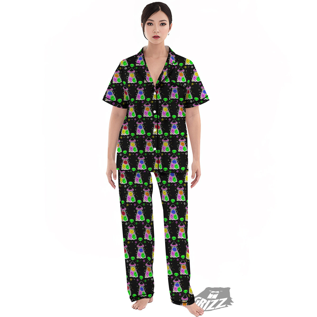 Alien And UFO Trippy Print Pattern Women's Pajamas Set-grizzshop