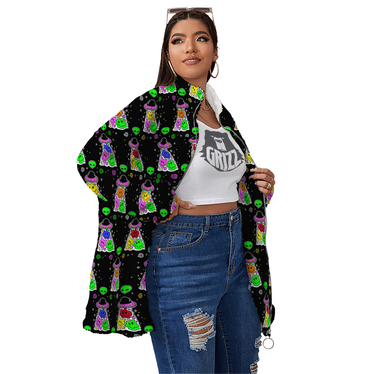 Alien And UFO Trippy Print Pattern Women's Sherpa Jacket-grizzshop