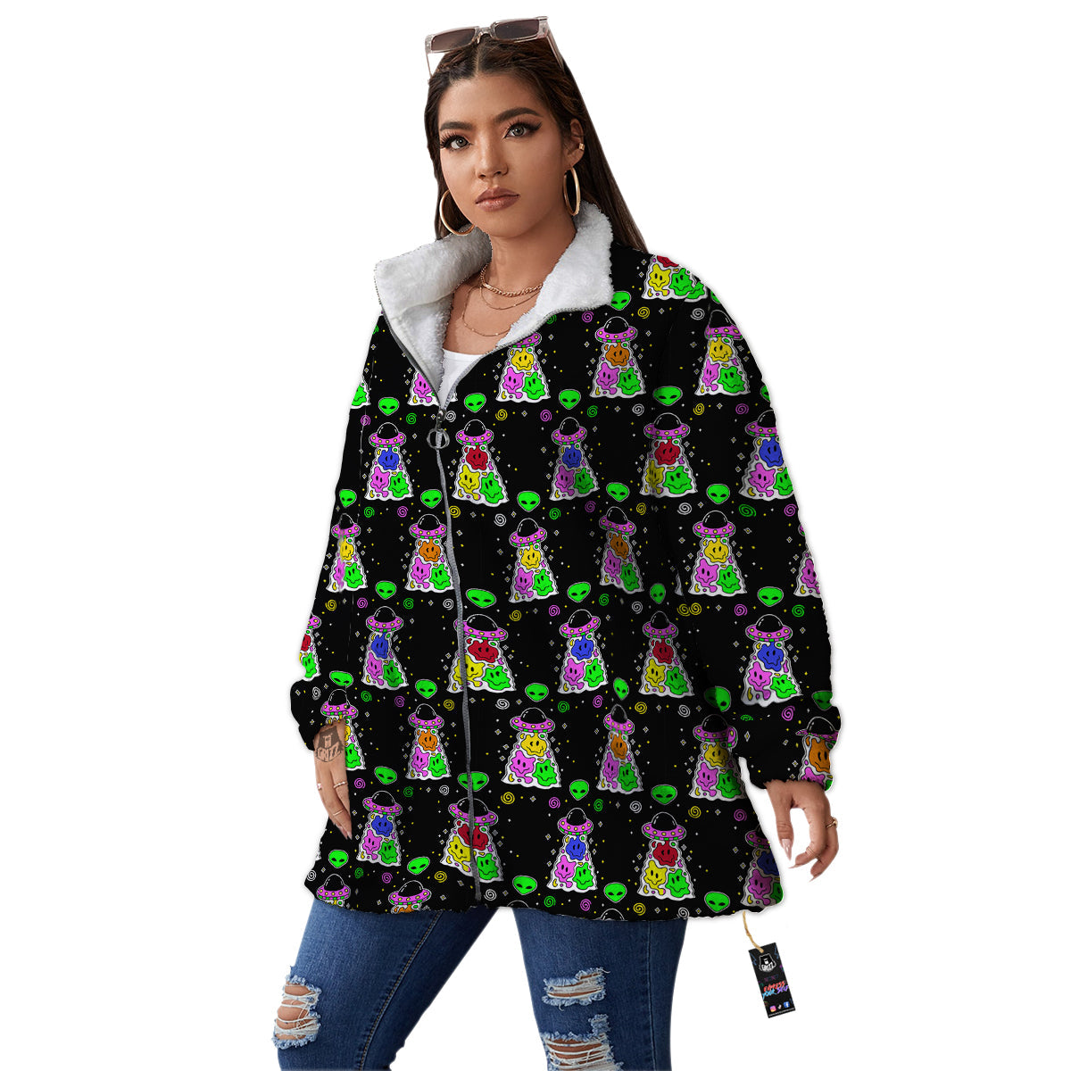 Alien And UFO Trippy Print Pattern Women's Sherpa Jacket-grizzshop