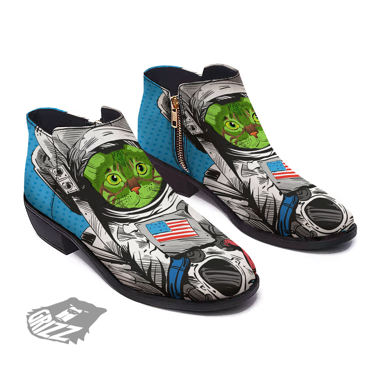 Alien Cat Astronaut Print Ankle Boots-grizzshop