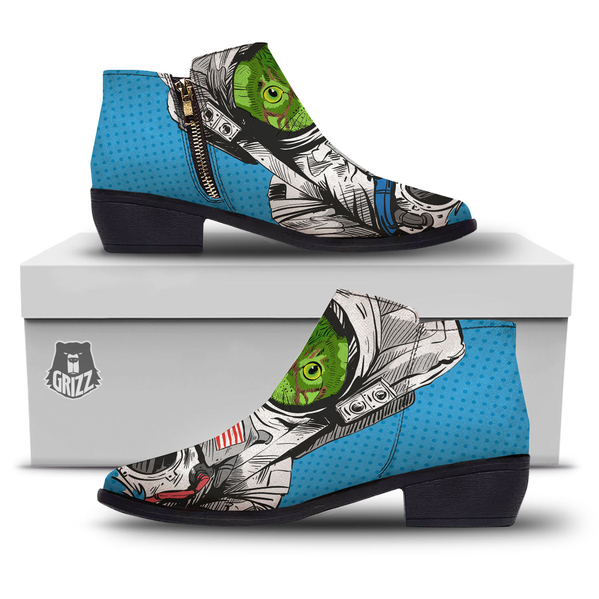 Alien Cat Astronaut Print Ankle Boots-grizzshop