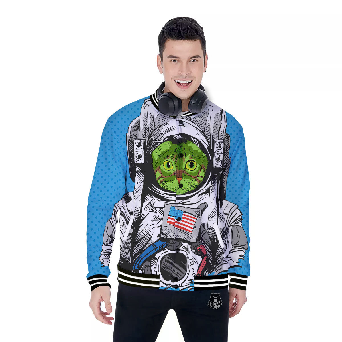 Alien Cat Astronaut Print Baseball Jacket-grizzshop