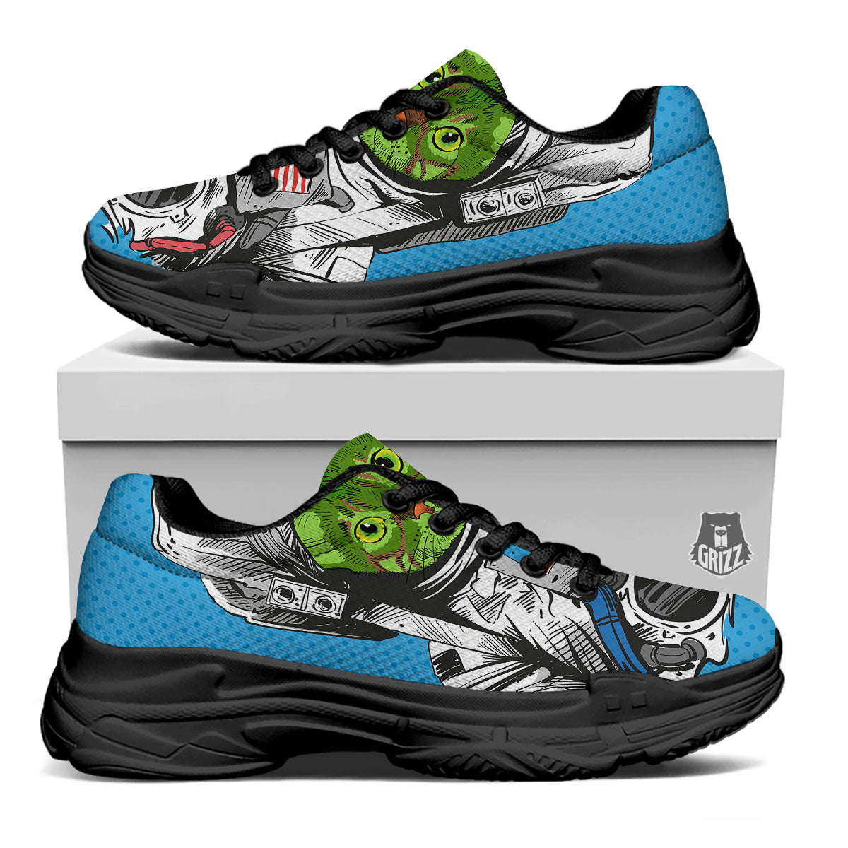 Alien Cat Astronaut Print Black Chunky Shoes-grizzshop