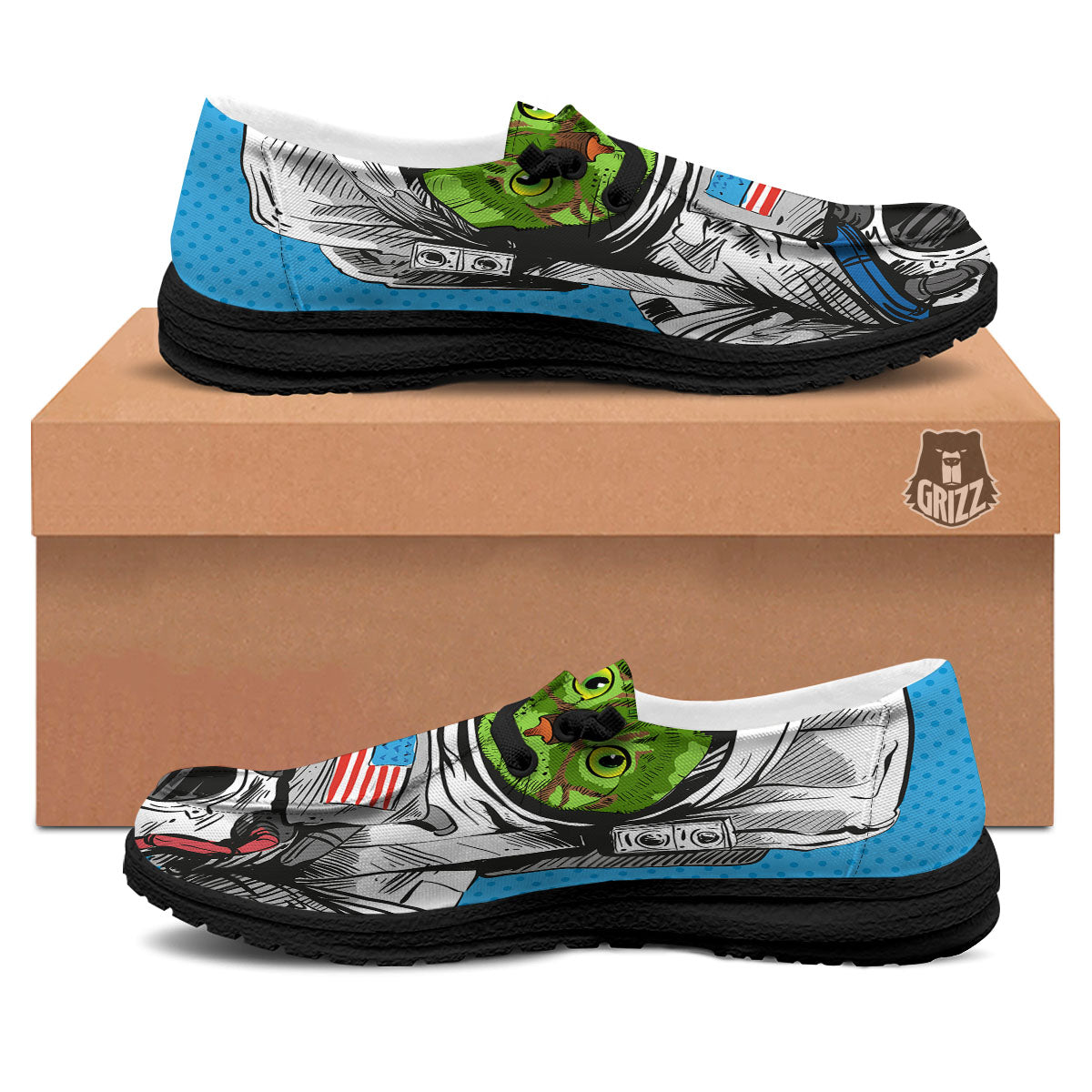 Alien Cat Astronaut Print Black Loafers-grizzshop