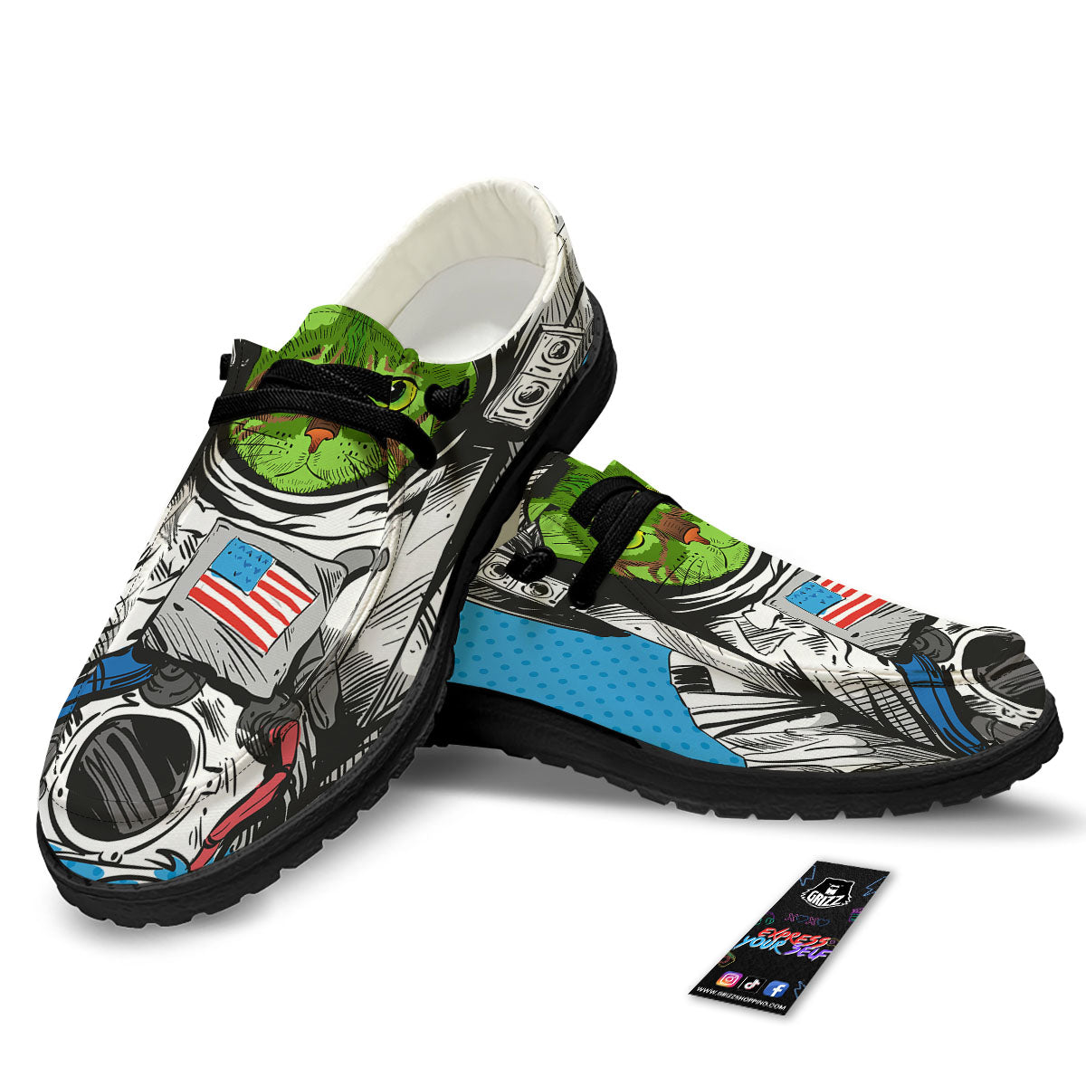 Alien Cat Astronaut Print Black Loafers-grizzshop