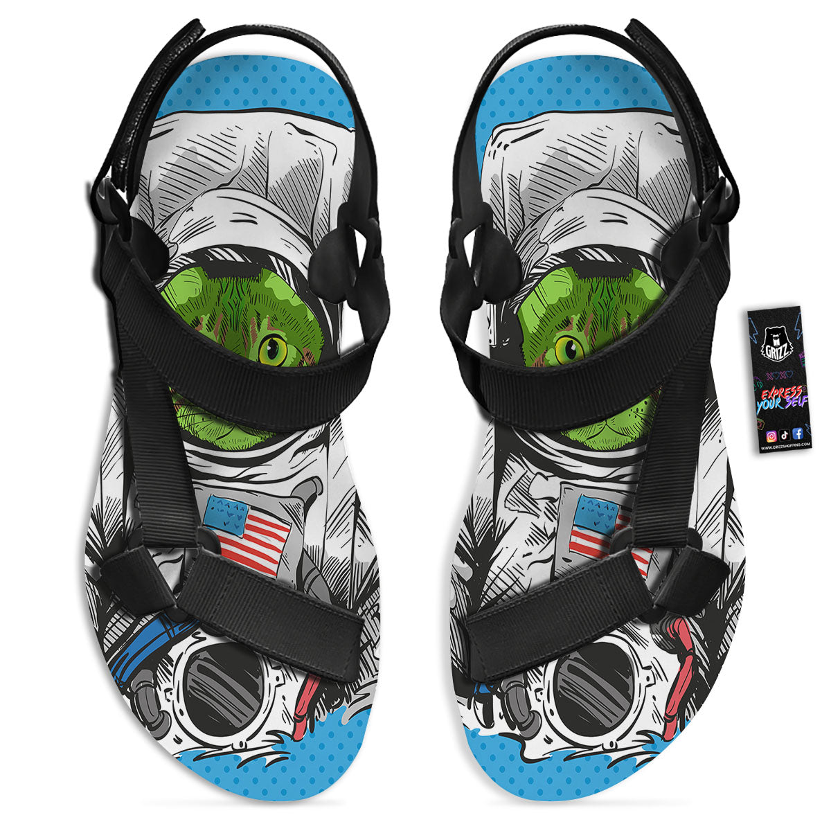 Alien Cat Astronaut Print Black Open Toe Sandals-grizzshop