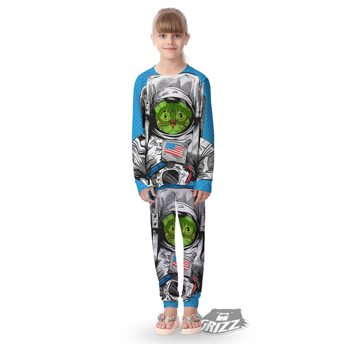 Alien Cat Astronaut Print Kid's Pajamas-grizzshop