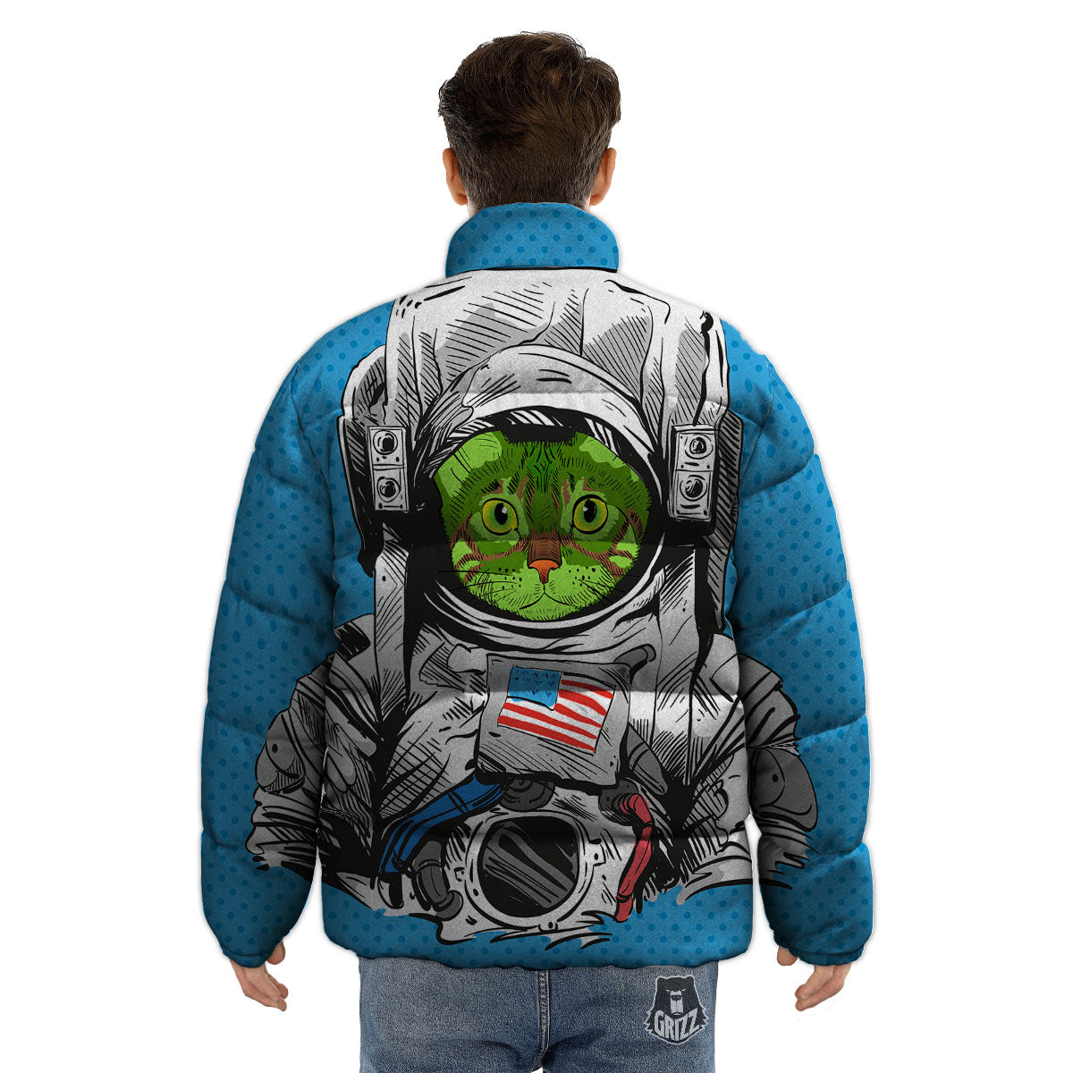 Alien Cat Astronaut Print Puffer Jacket-grizzshop