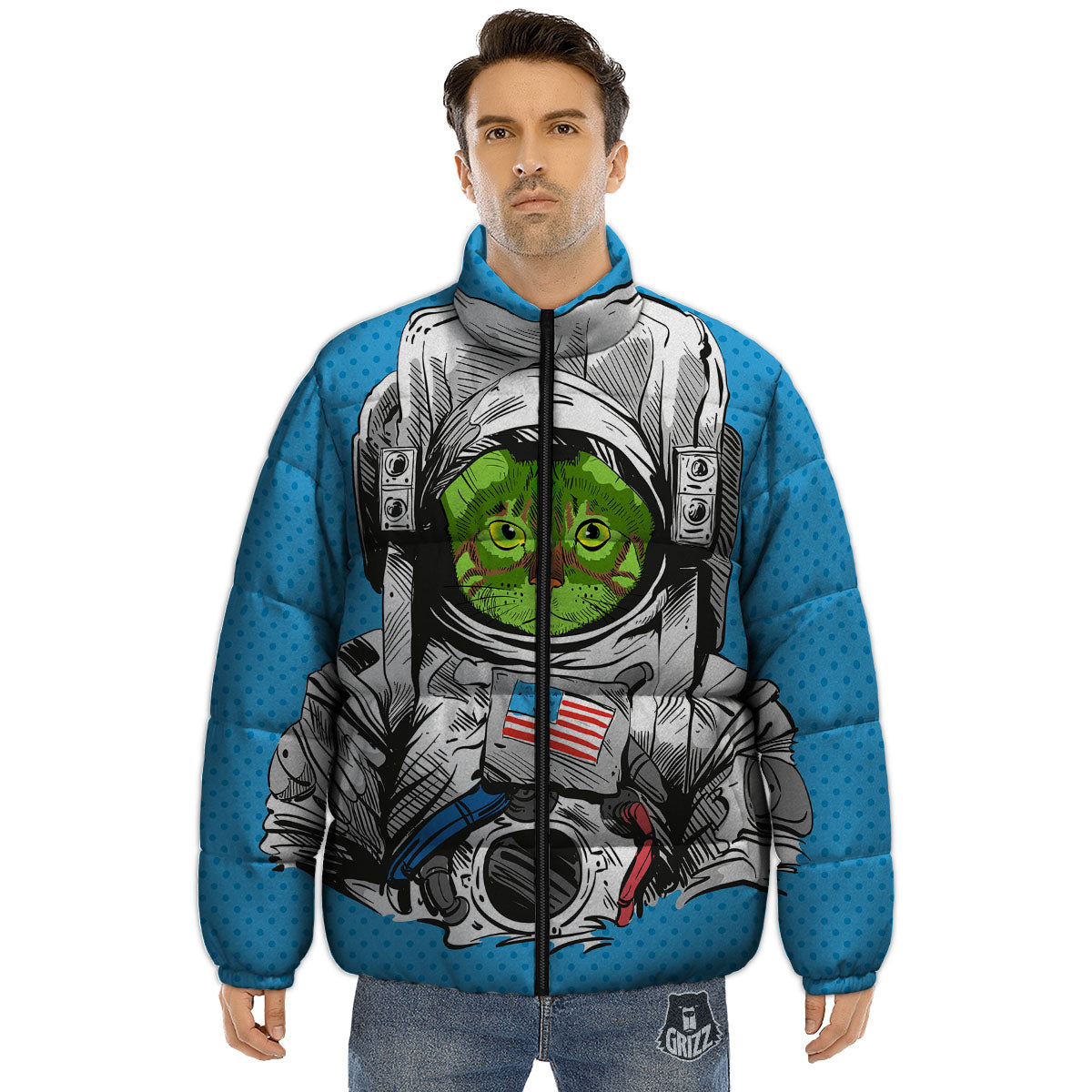 Alien Cat Astronaut Print Puffer Jacket-grizzshop