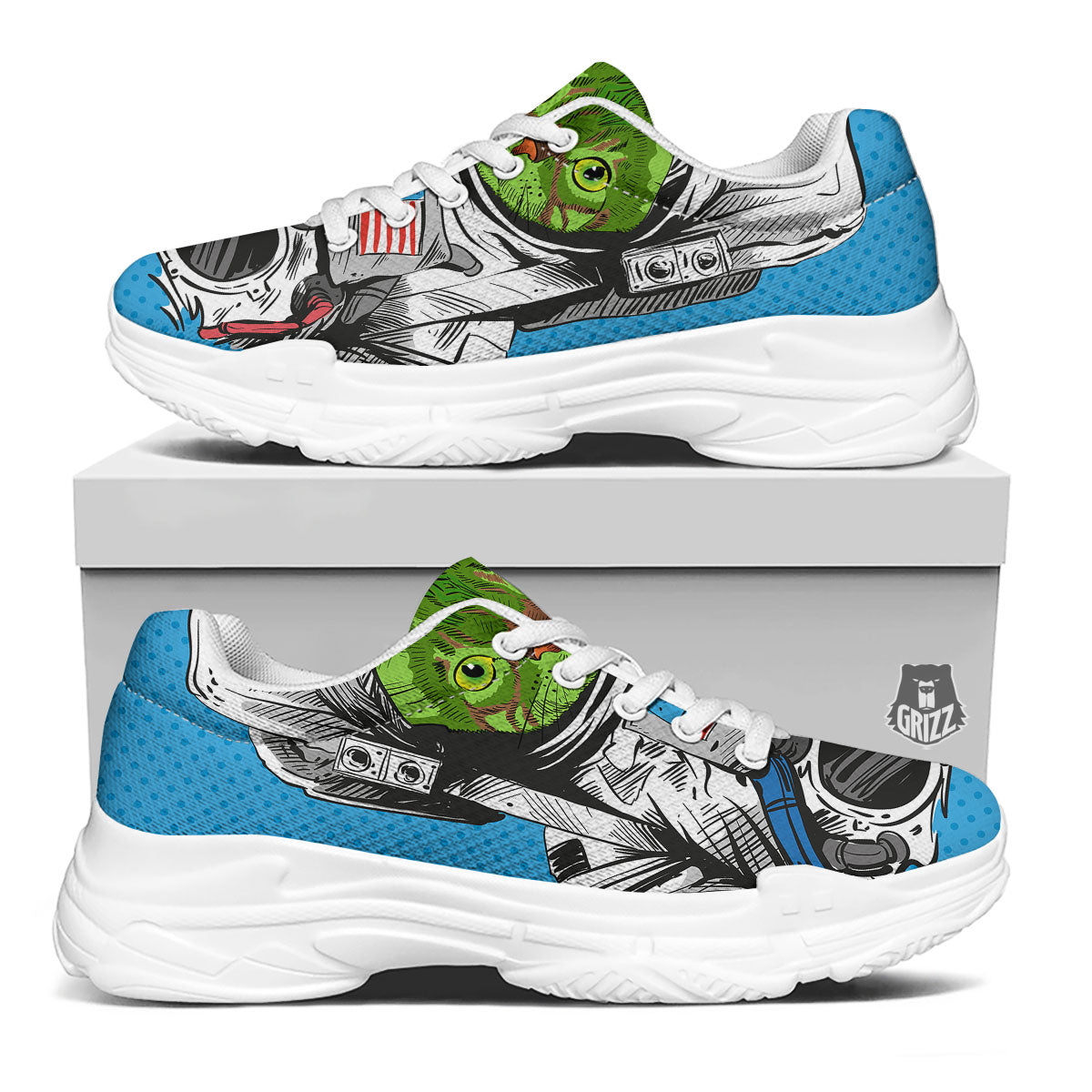 Alien Cat Astronaut Print White Chunky Shoes-grizzshop