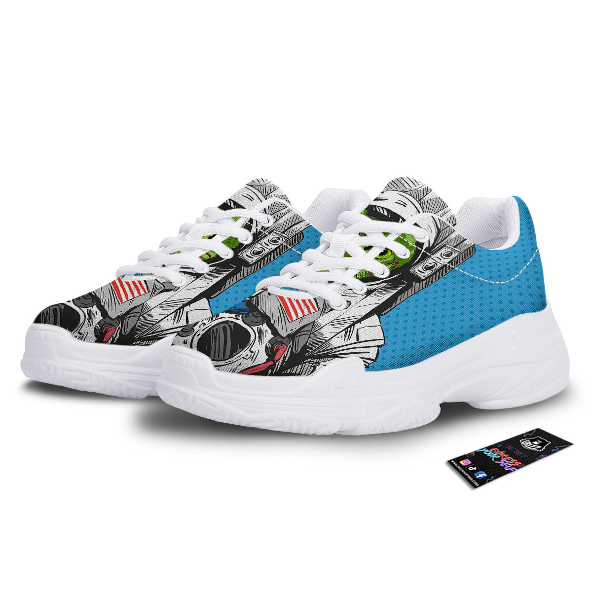 Alien Cat Astronaut Print White Chunky Shoes-grizzshop
