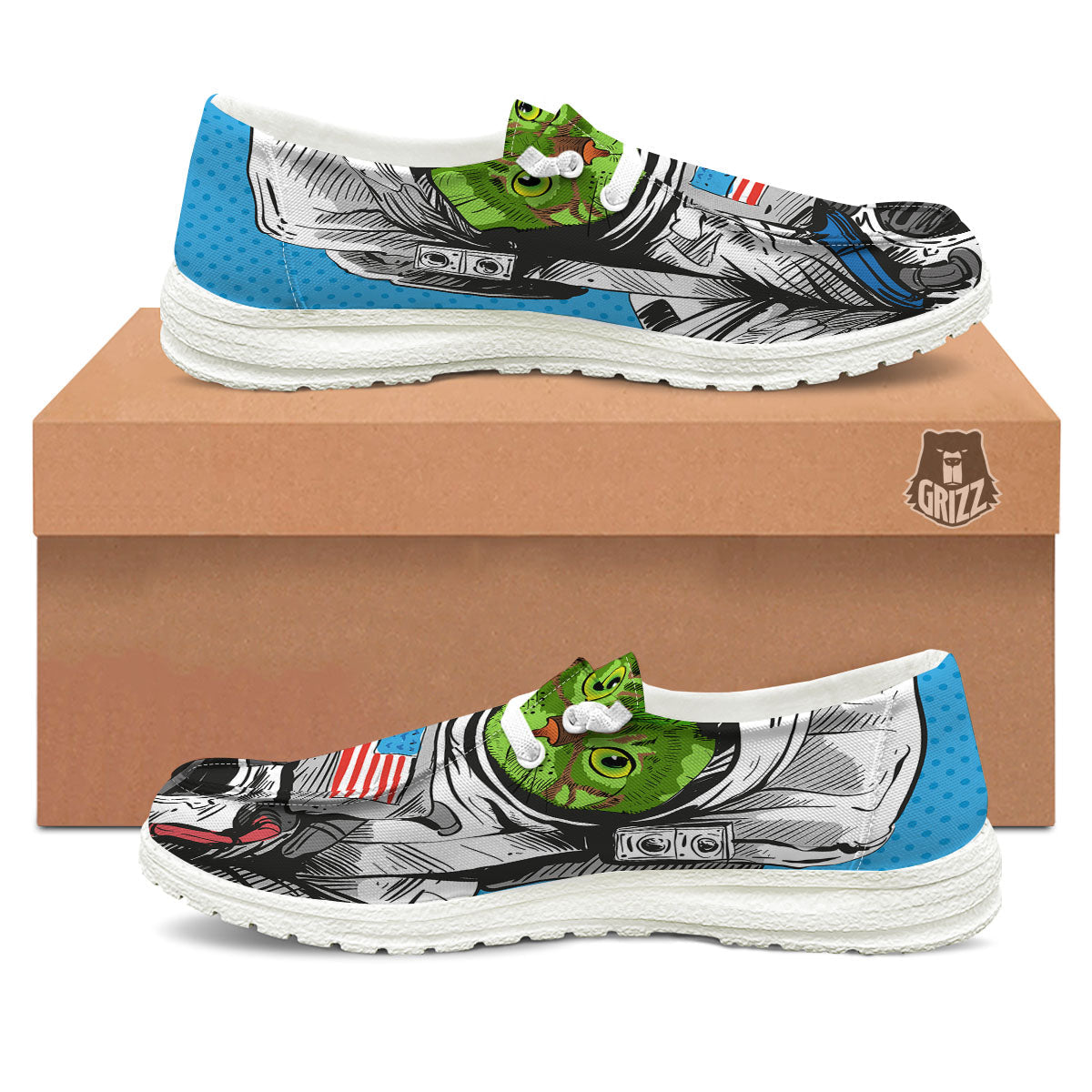 Alien Cat Astronaut Print White Loafers-grizzshop