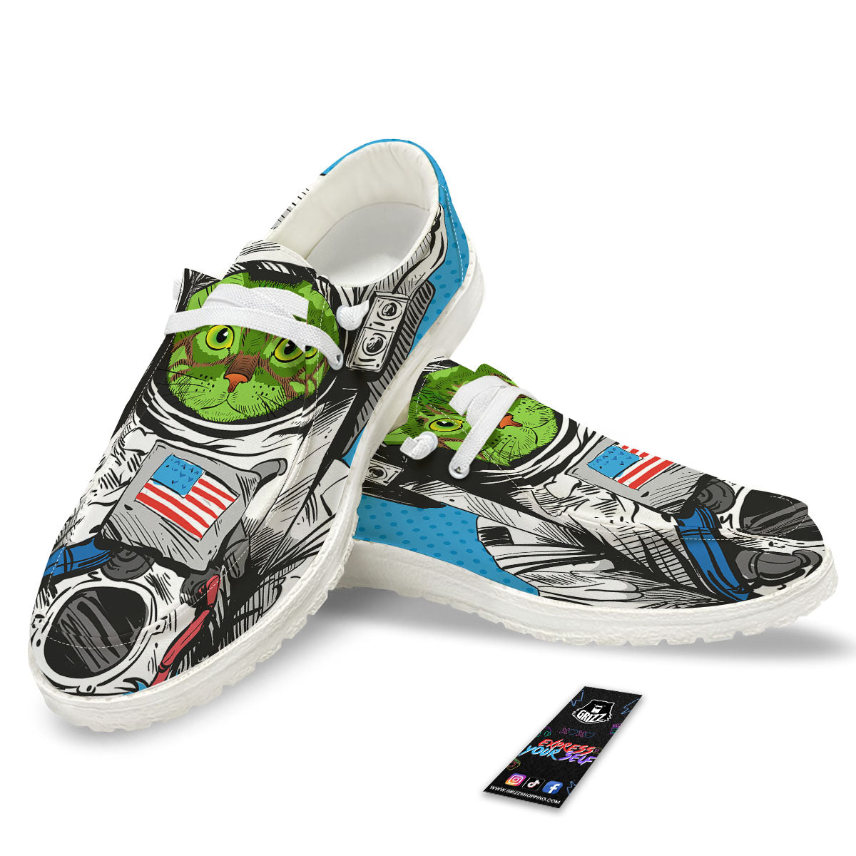 Alien Cat Astronaut Print White Loafers-grizzshop