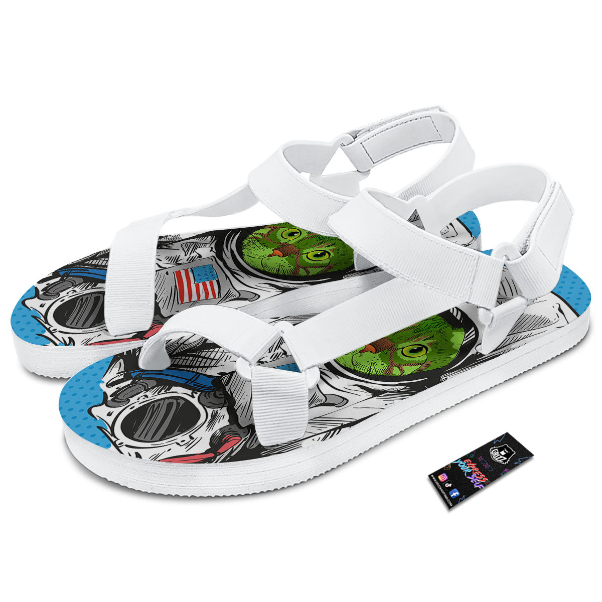 Alien Cat Astronaut Print White Open Toe Sandals-grizzshop
