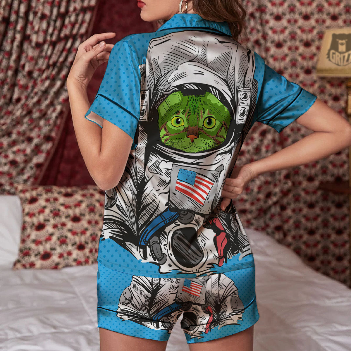 Alien Cat Astronaut Print Women Silk Pajamas-grizzshop