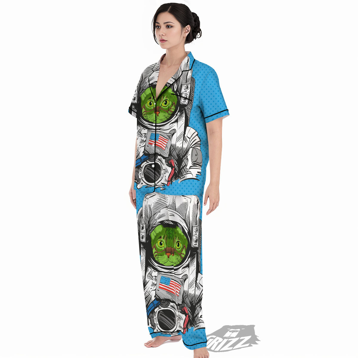 Alien Cat Astronaut Print Women's Pajamas Set-grizzshop