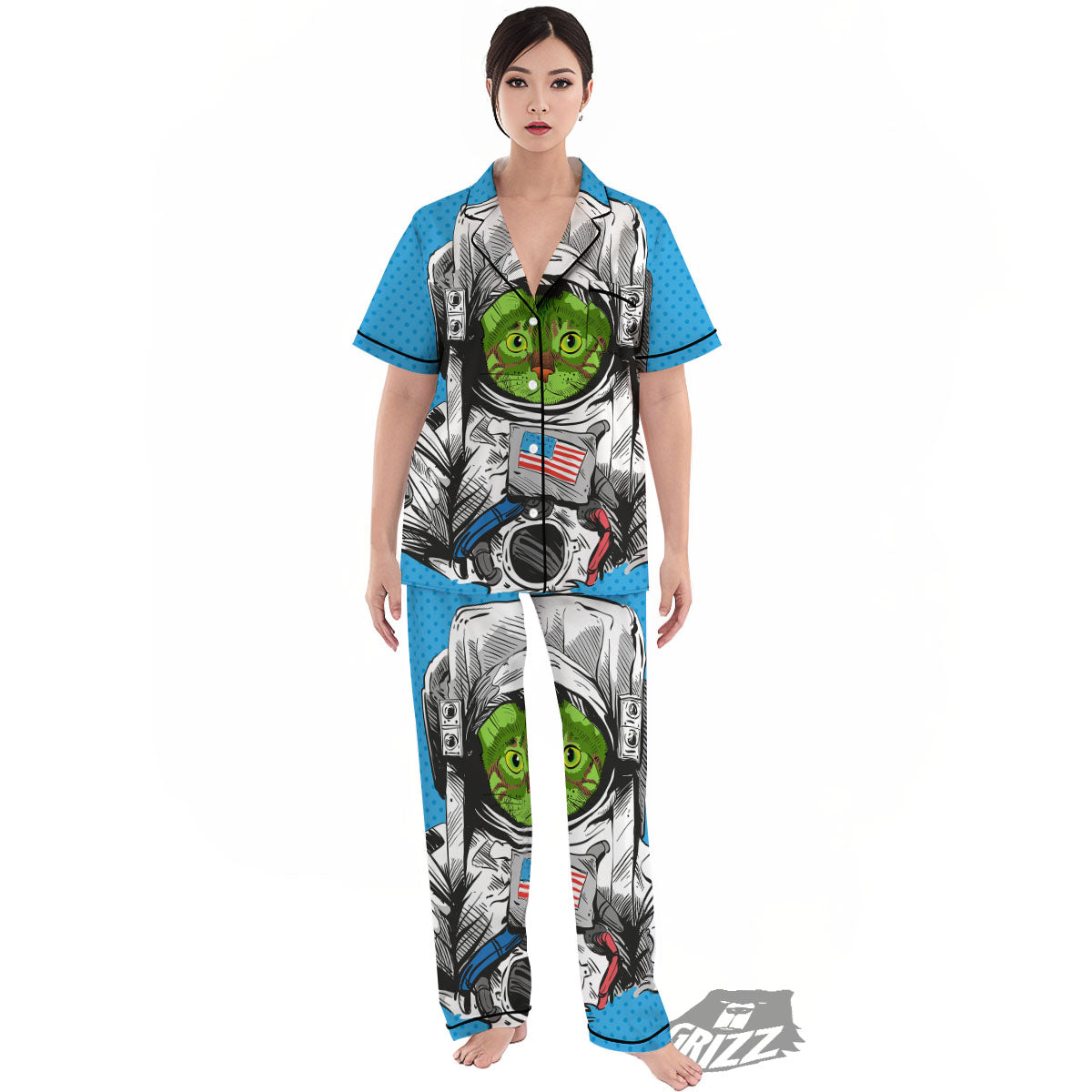 Alien Cat Astronaut Print Women's Pajamas Set-grizzshop