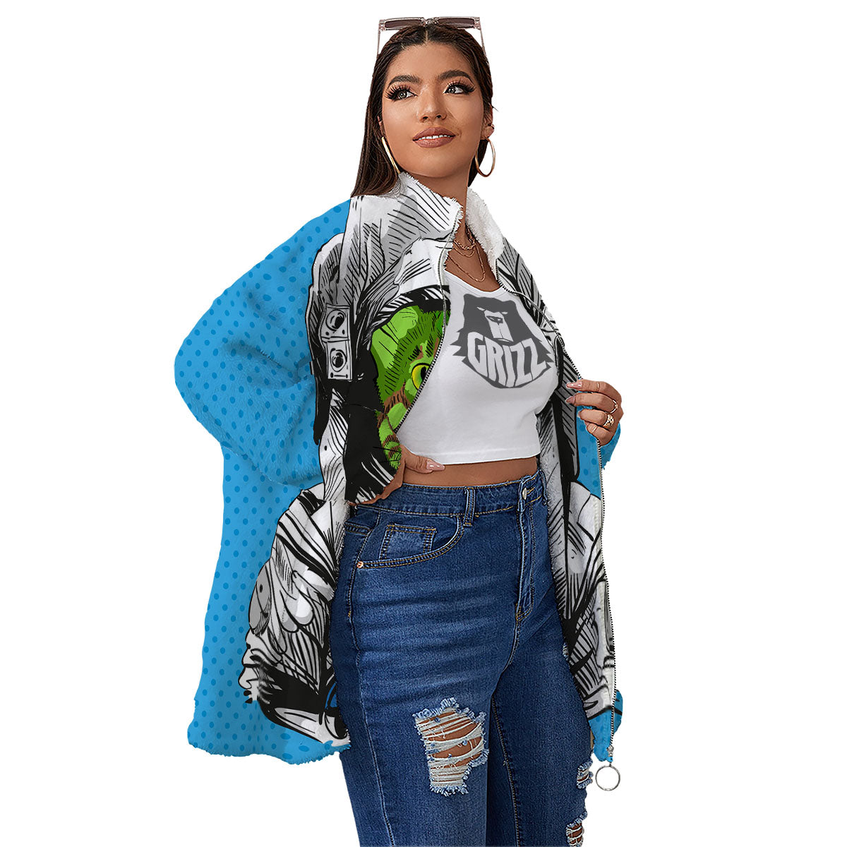 Alien Cat Astronaut Print Women's Sherpa Jacket-grizzshop