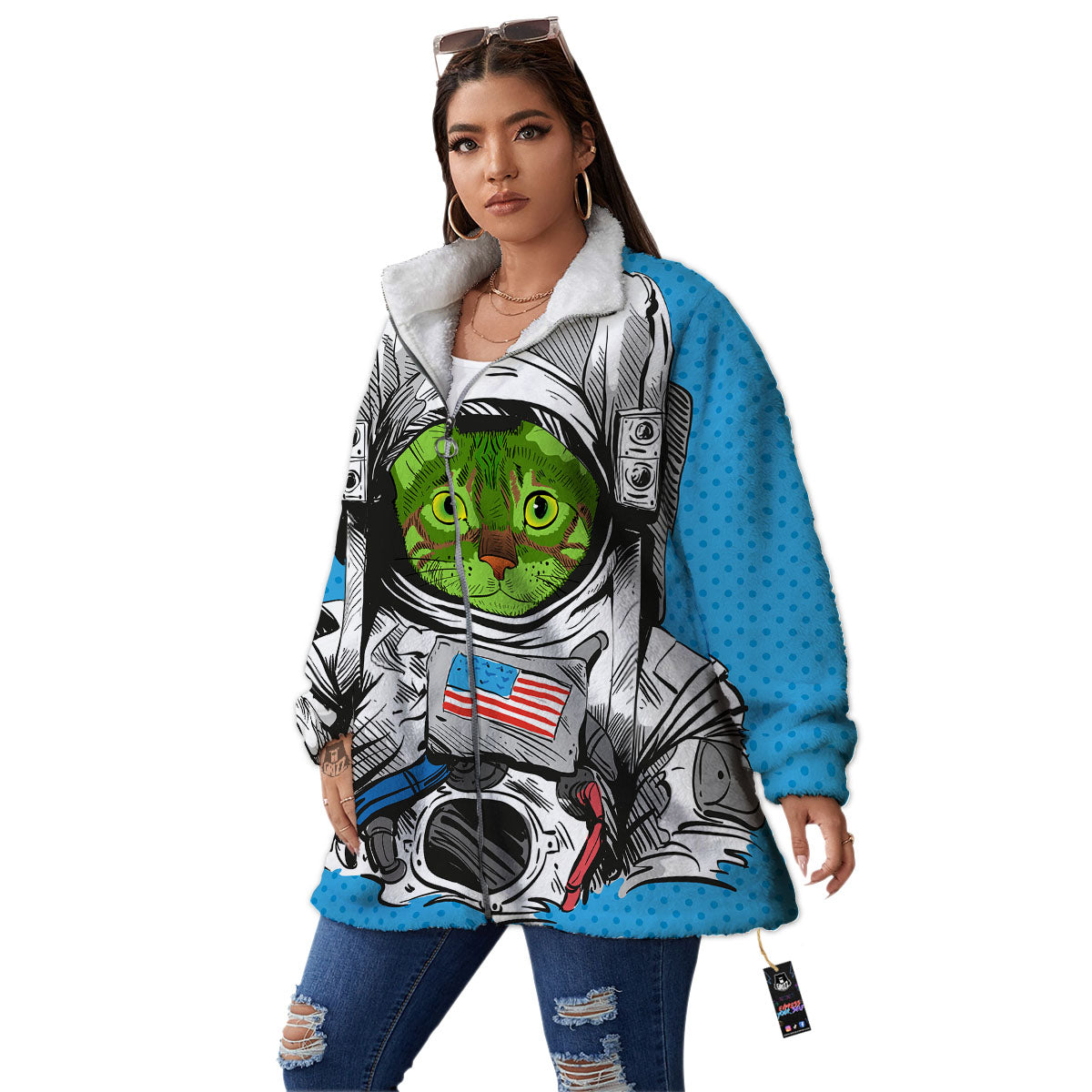 Alien Cat Astronaut Print Women's Sherpa Jacket-grizzshop