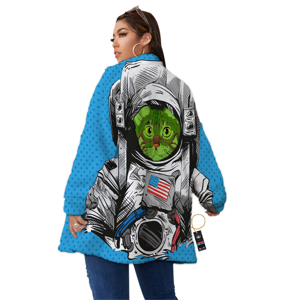 Alien Cat Astronaut Print Women's Sherpa Jacket-grizzshop