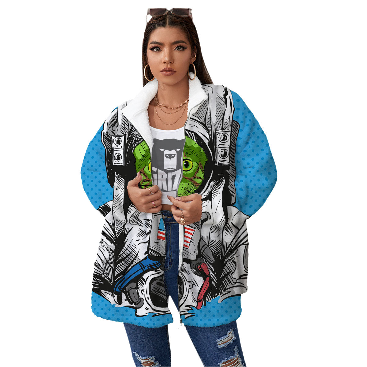 Alien Cat Astronaut Print Women's Sherpa Jacket-grizzshop