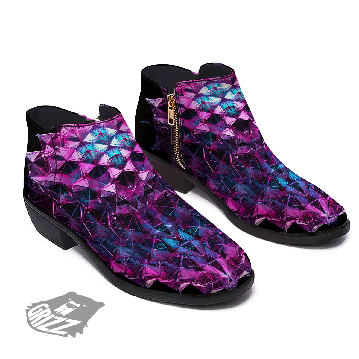 Alien Crystal Diamond Flower Print Ankle Boots-grizzshop