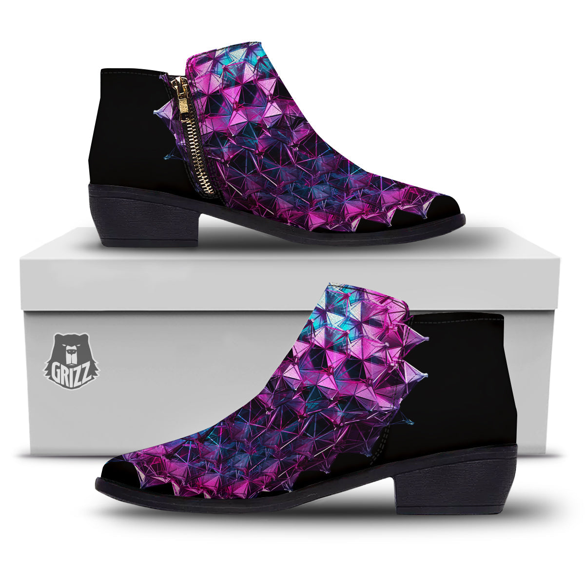 Alien Crystal Diamond Flower Print Ankle Boots-grizzshop