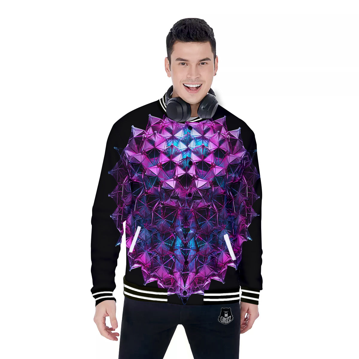 Alien Crystal Diamond Flower Print Baseball Jacket-grizzshop